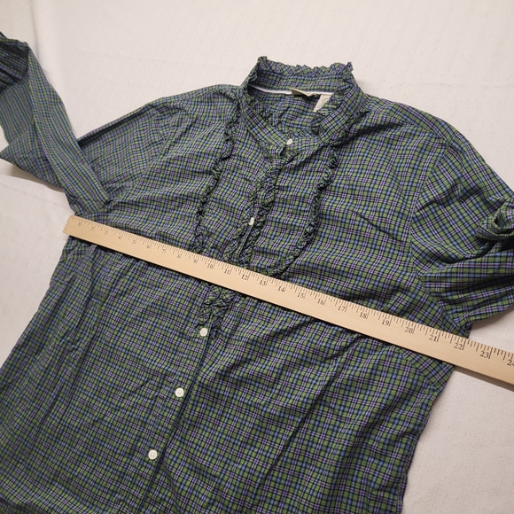 LL Bean Women Shirt XL Green Plaid Ruffle Button Up Band Collar Cottage Classic - Picture 7 of 11